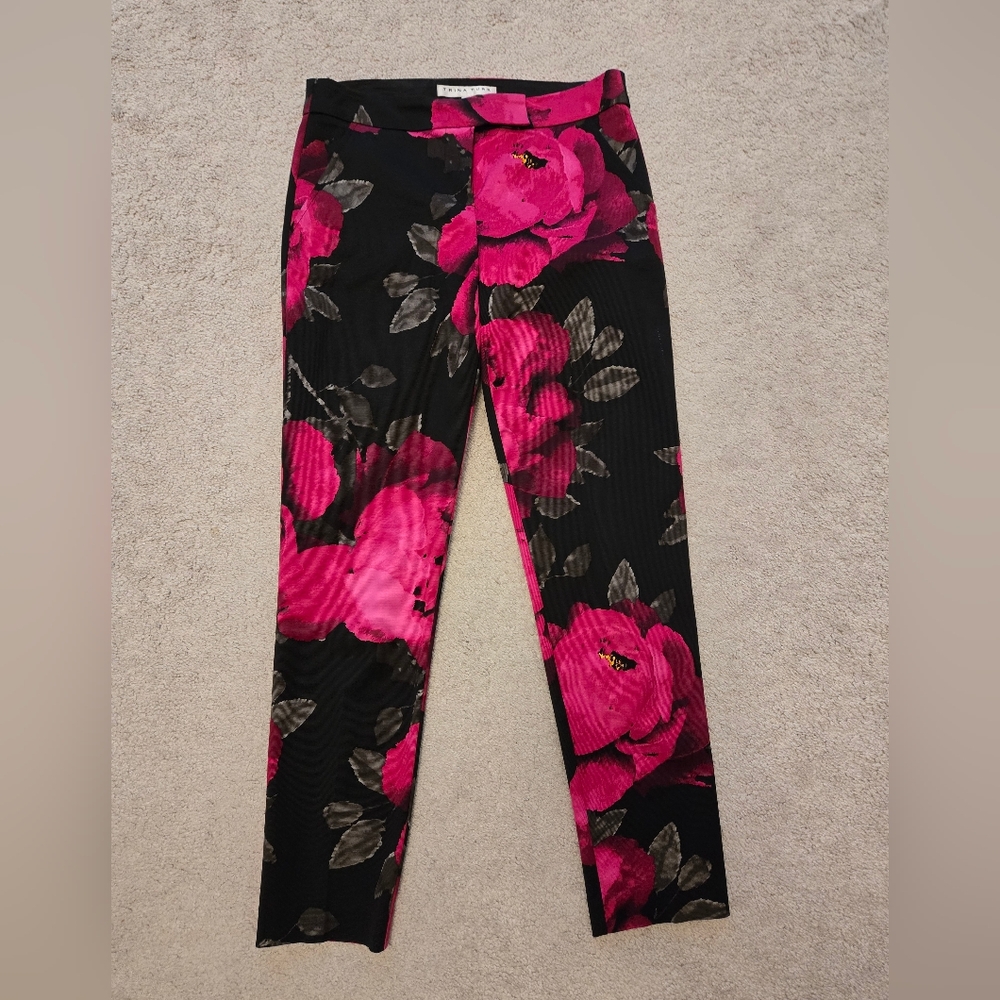 Black Floral Pink Rose Print Stretch Pants